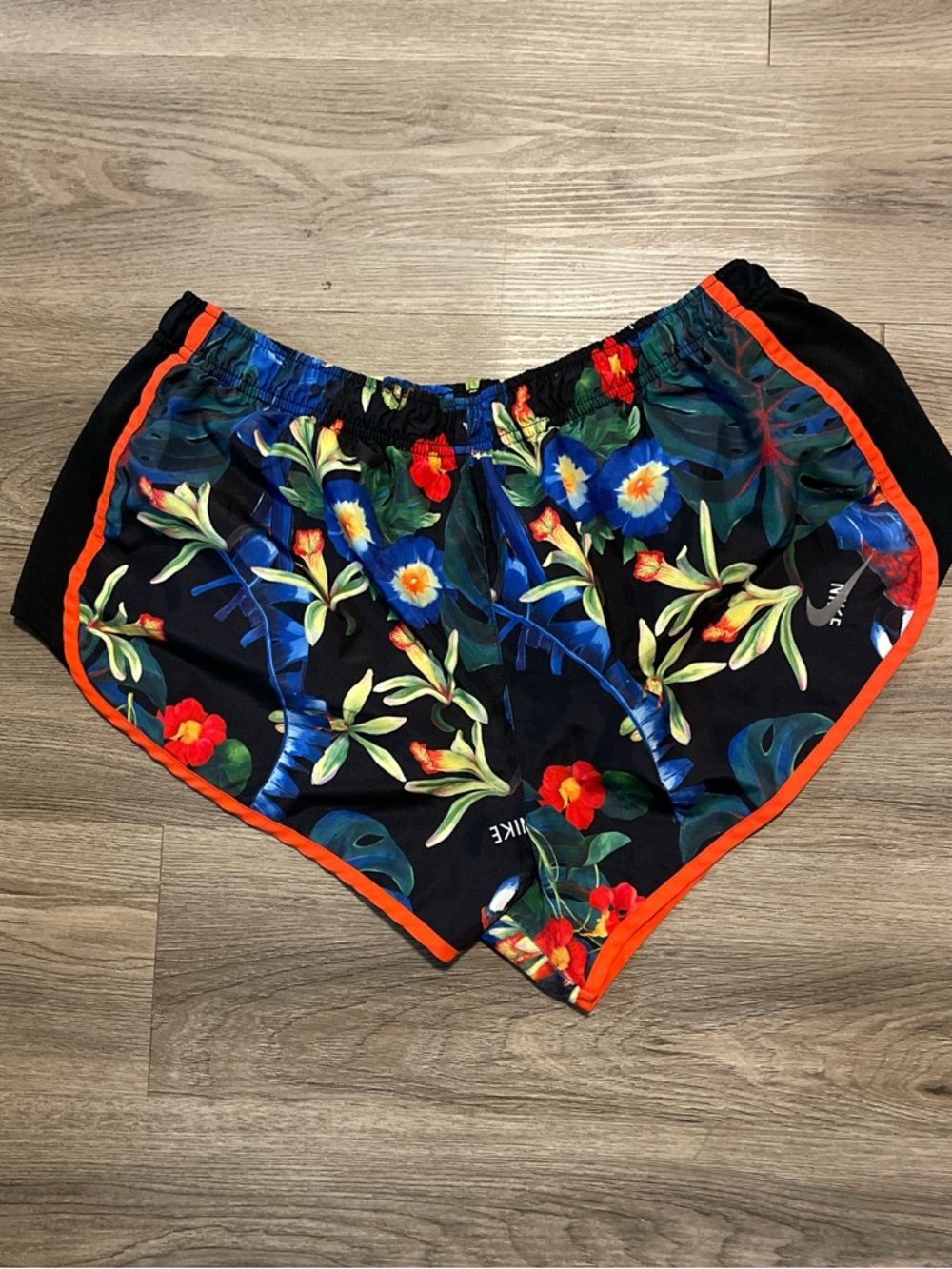 Nike Black Tropical Floral Running Shorts with Orange Trim